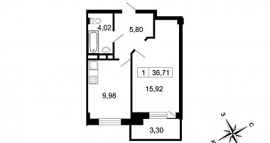 Однокомнатная квартира 36.71 м²
