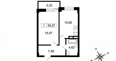 Однокомнатная квартира 39.27 м²