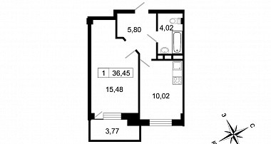 Однокомнатная квартира 36.45 м²