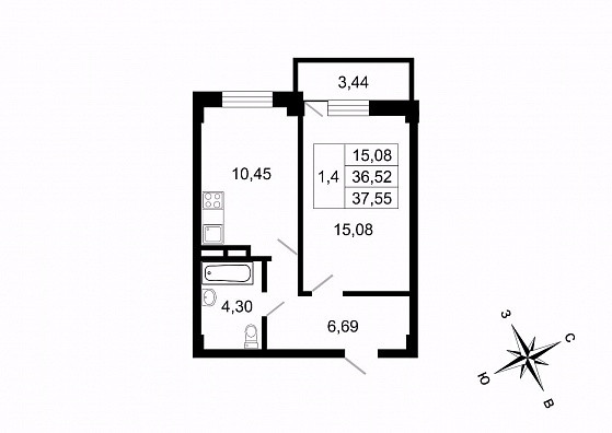 Однокомнатная квартира 37.55 м²