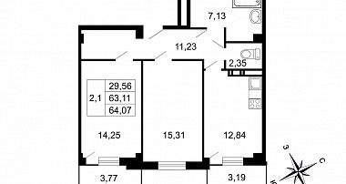 Двухкомнатная квартира 65.2 м²