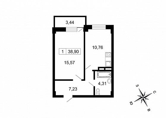 Однокомнатная квартира 38.9 м²