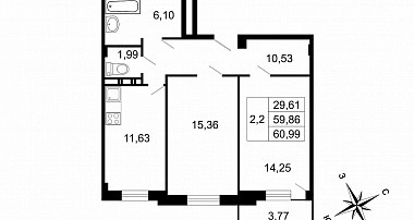 Двухкомнатная квартира 60.99 м²