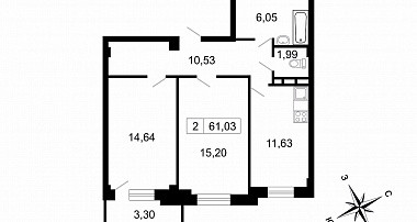 Двухкомнатная квартира 61.03 м²