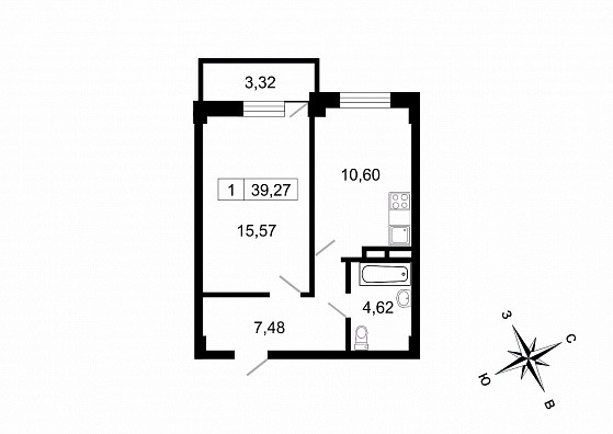 Однокомнатная квартира 39.27 м²