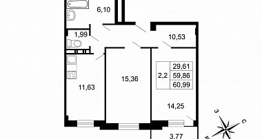 Двухкомнатная квартира 60.99 м²