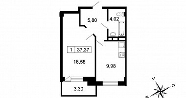 Однокомнатная квартира 37.37 м²