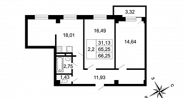 Трёхкомнатная квартира (Евро) 66.25 м²